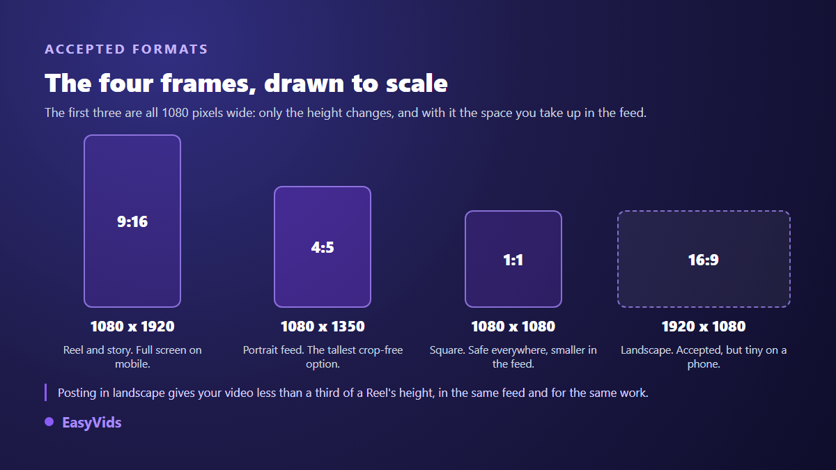 The four Instagram video formats drawn to scale: 9:16 at 1080 x 1920, 4:5 at 1080 x 1350, 1:1 square and 16:9 landscape