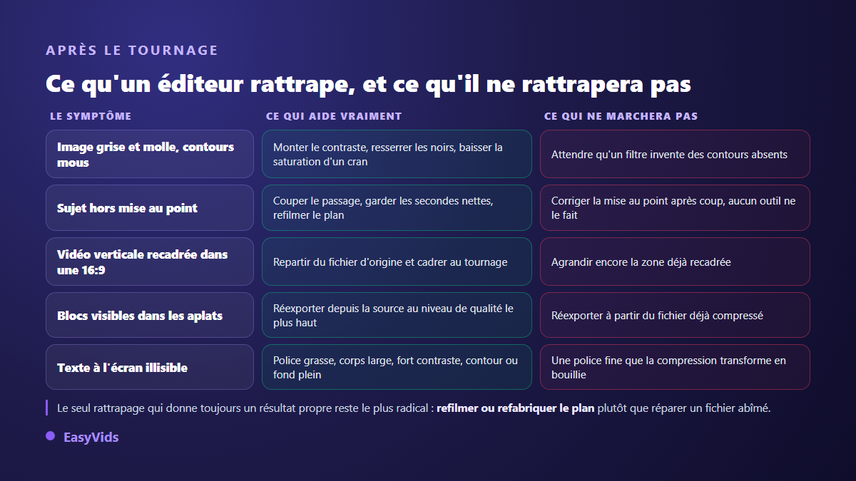 Tableau des symptômes d'une vidéo floue avec ce qu'un éditeur en ligne peut corriger et ce qu'il ne pourra jamais reconstruire
