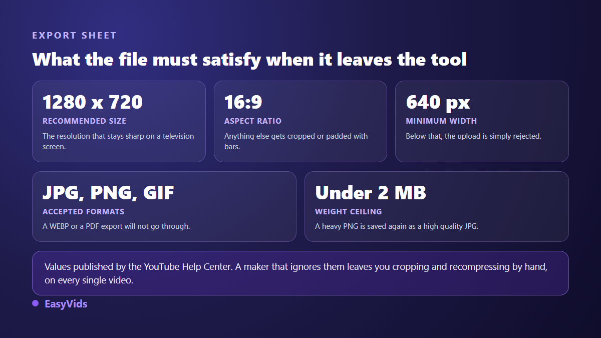 Export sheet for a YouTube thumbnail: 1280 x 720 pixels, 16:9 ratio, minimum width, accepted formats and weight ceiling