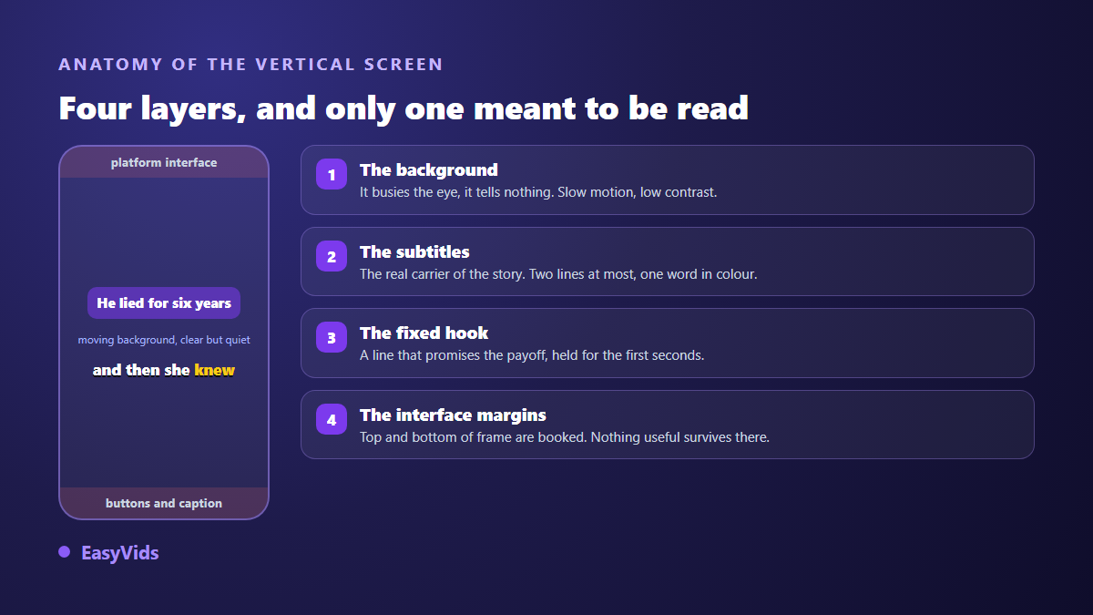 Anatomy of a vertical story video screen: background, captions, fixed hook and interface margins