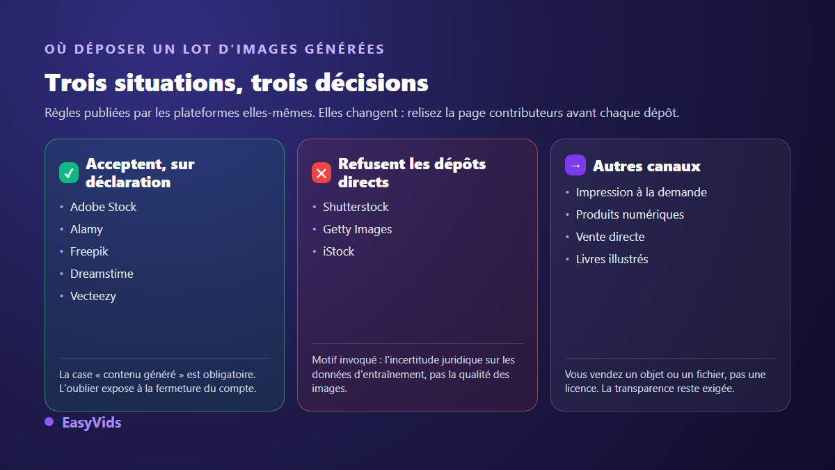 Grille des banques d'images qui acceptent ou refusent les images générées par IA, avec leurs conditions de déclaration