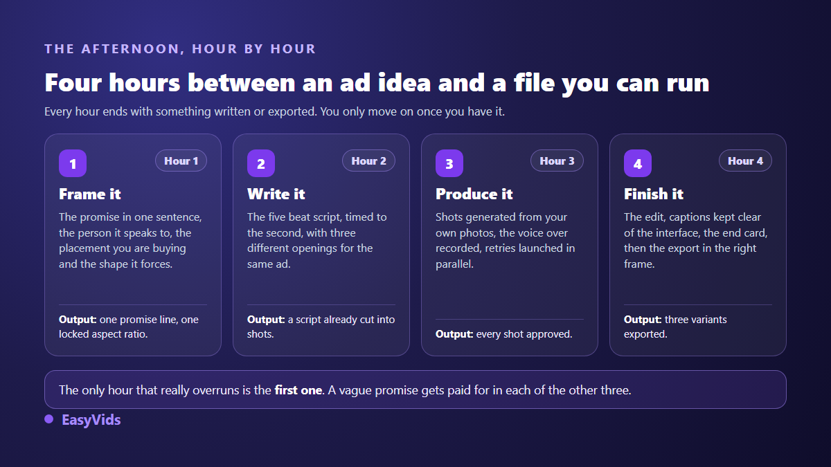 The four hours of an ad production afternoon, from the written promise to the exported variants