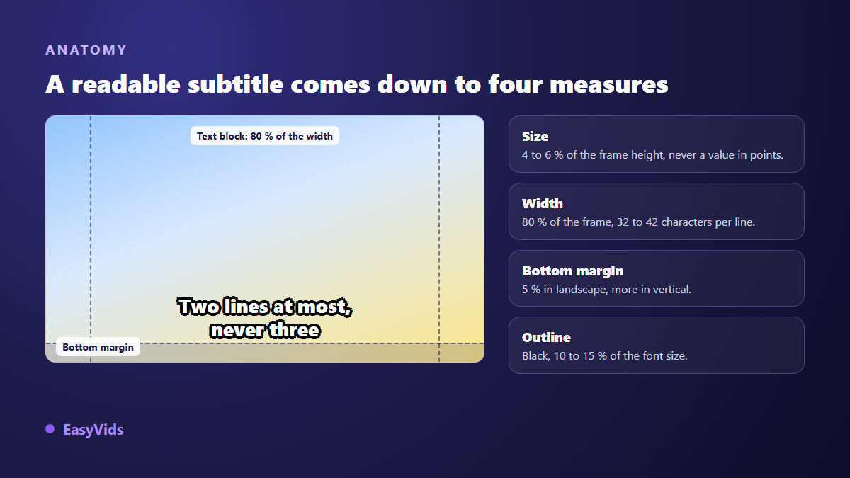 Anatomy of a readable caption: size as a percentage of frame height, block width, bottom margin and outline thickness