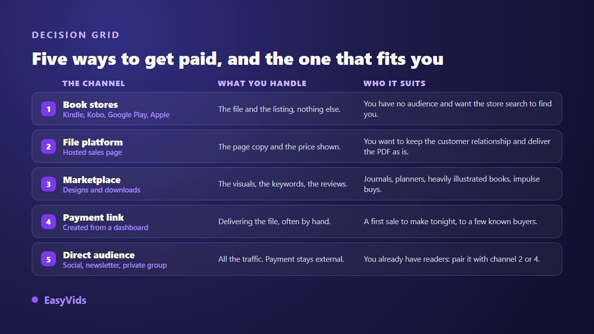 Decision grid of five ways to sell an ebook without a website, what the seller handles and who each channel suits