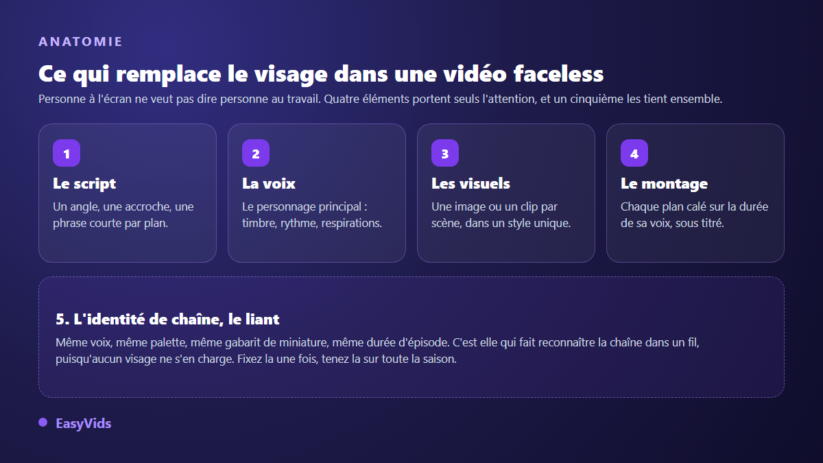 Anatomie d'une vidéo faceless : script, voix, visuels, montage et identité de chaîne