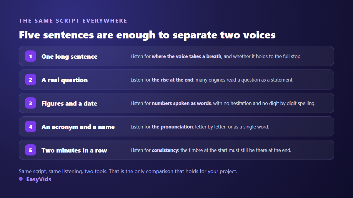 Five sentence listening test for an AI voice generator: long sentence, question, figures and a date, acronym and name, two minutes of narration