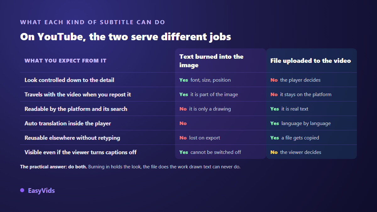 Burned in captions compared with an uploaded subtitle file: appearance control, reposting, machine readability, automatic translation