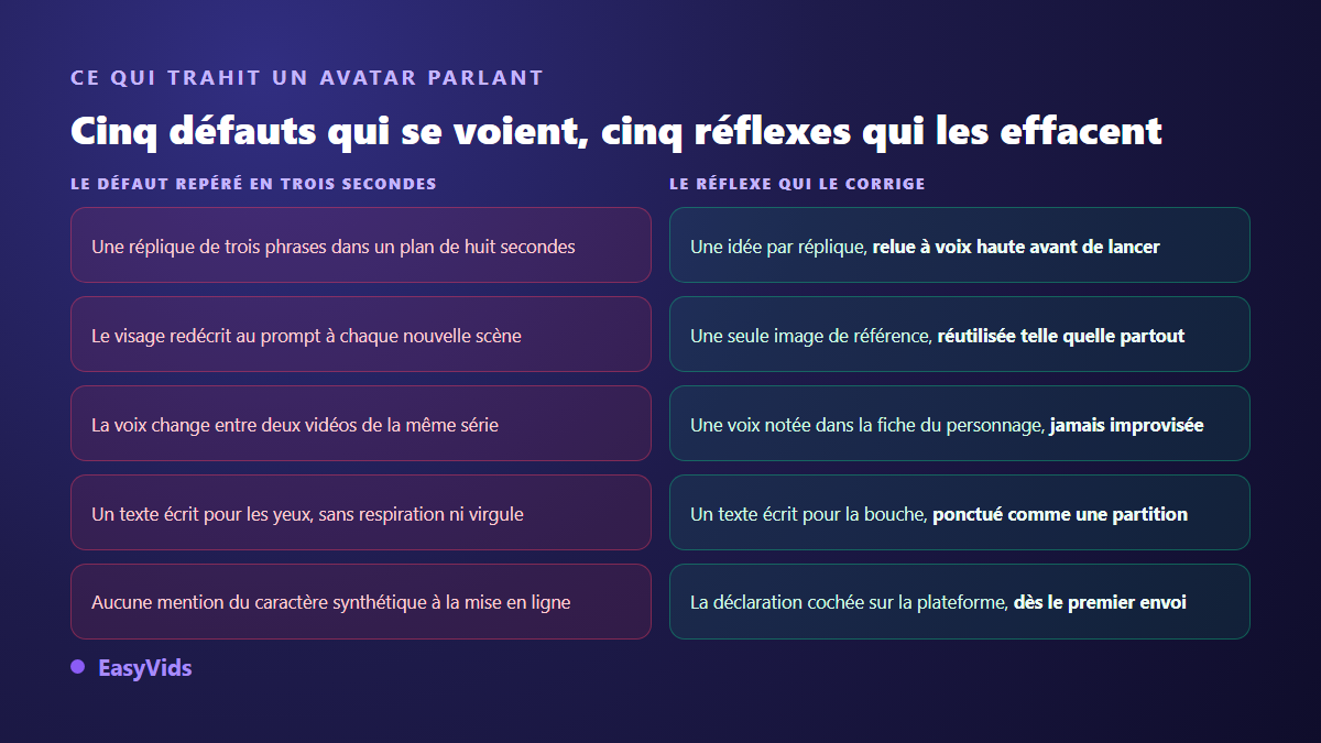 Cinq défauts fréquents d'un avatar parlant IA et les réflexes de production qui les corrigent