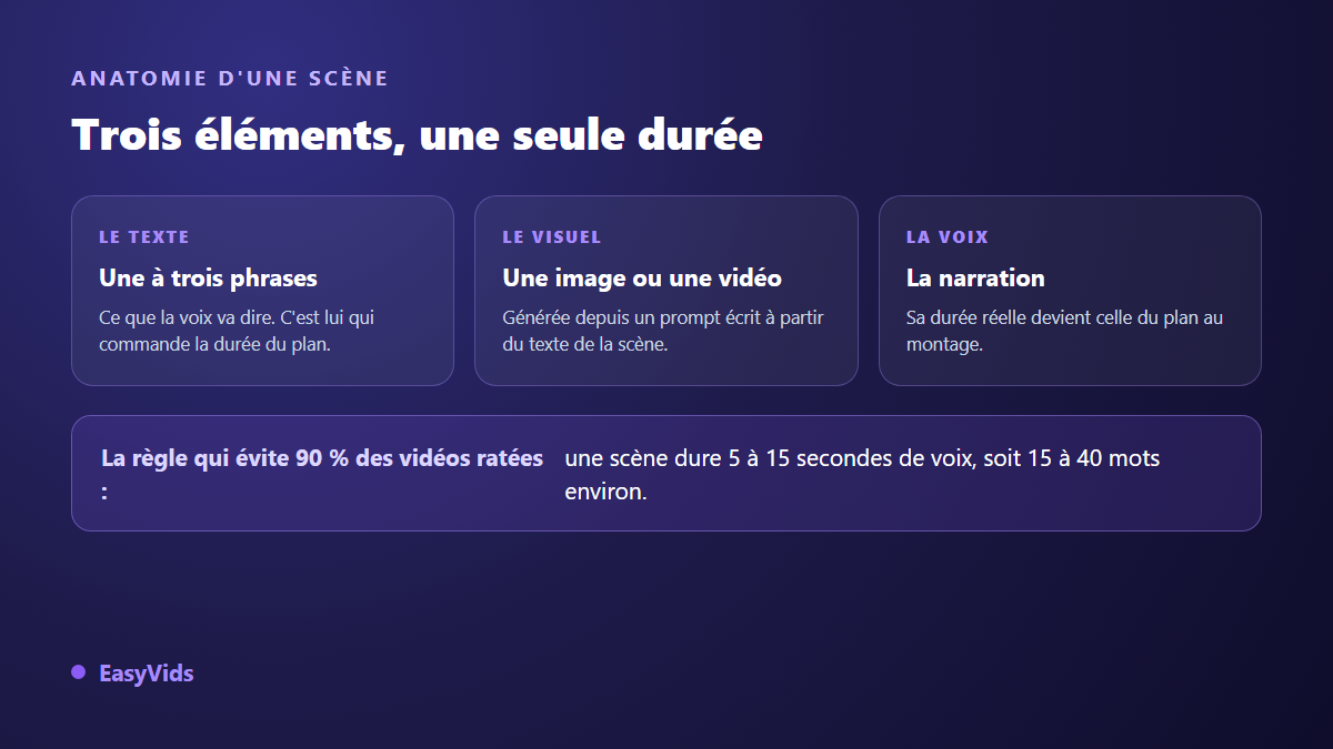Anatomie d'une scène vidéo : le texte, le visuel et la voix, avec la durée de la voix qui commande celle du plan