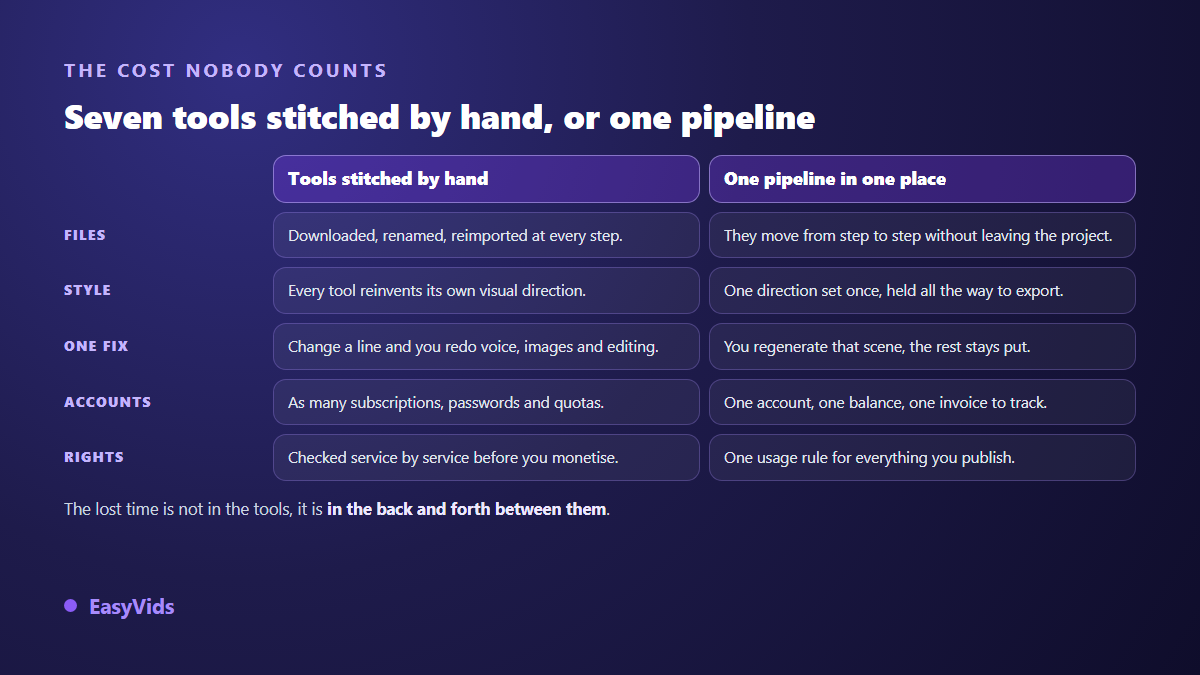 A hand assembled stack of AI tools compared with a single creation chain in one place