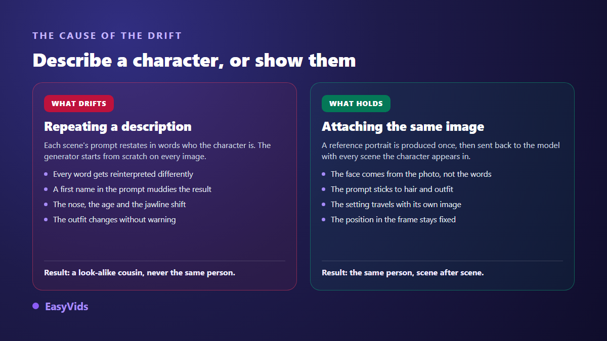 Comparison between describing a character in text and attaching a reference image to keep a consistent face in AI video