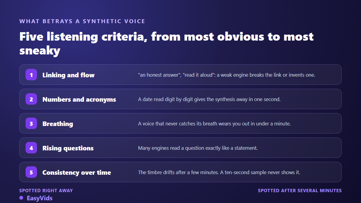 Five listening criteria for an AI voice over: liaison, numbers and acronyms, breathing, question intonation, consistency over time
