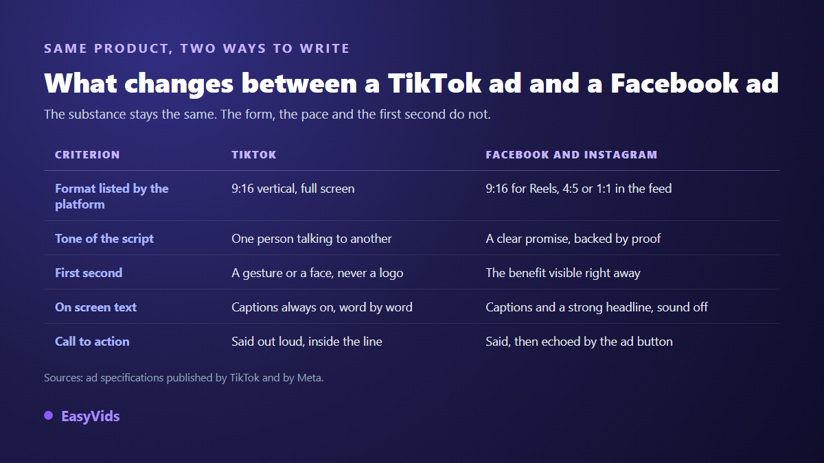 TikTok ad script compared with a Facebook ad script: format, tone, first second and call to action