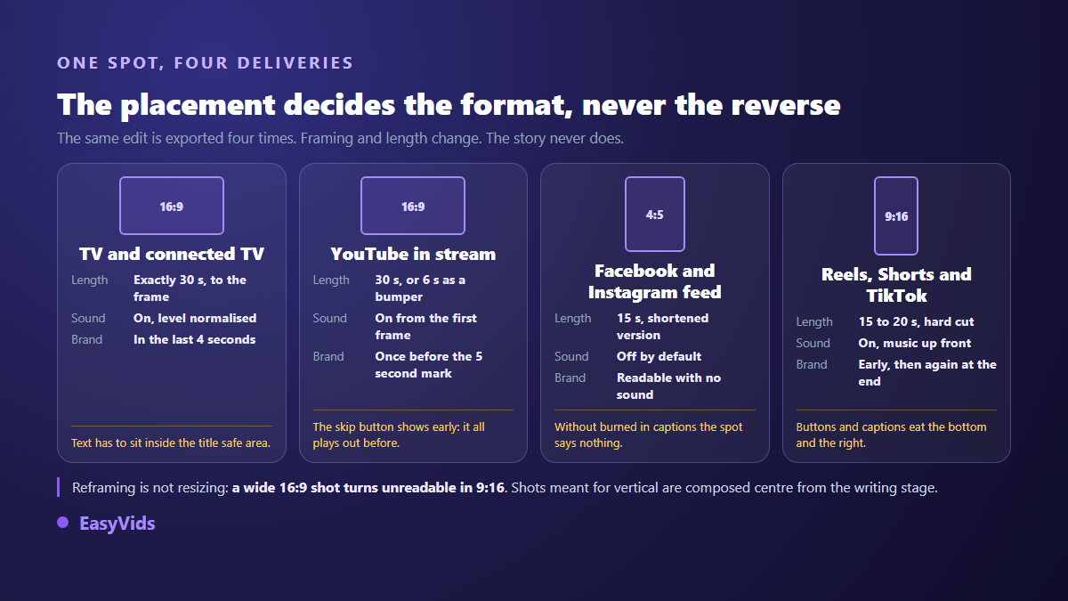 Four delivery formats for a commercial: television in 16:9, YouTube in 16:9, Facebook and Instagram feed in 4:5, Reels Shorts and TikTok in 9:16
