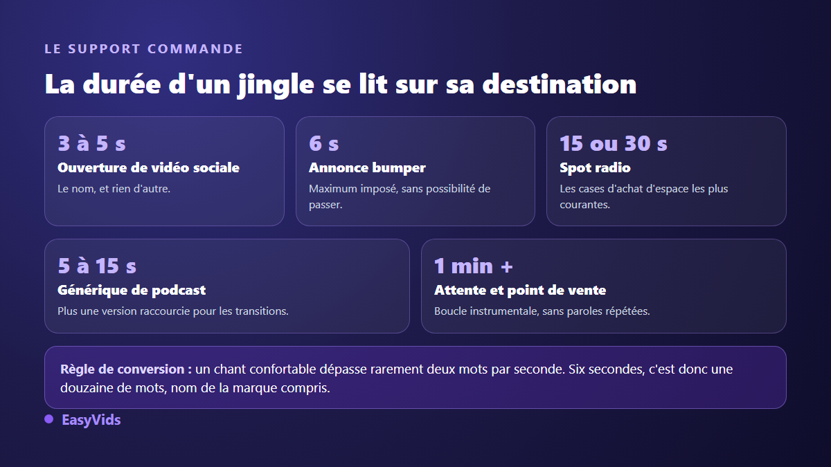 Durée d'un jingle publicitaire selon le support : vidéo sociale, annonce bumper, spot radio, générique de podcast, attente téléphonique