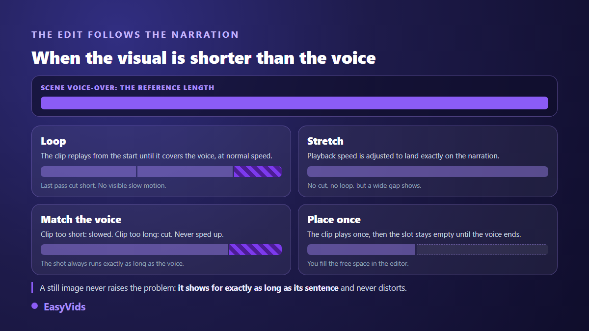 Four ways to fit a visual to the voiceover of a scene: loop, stretch, lock to the voice, place once