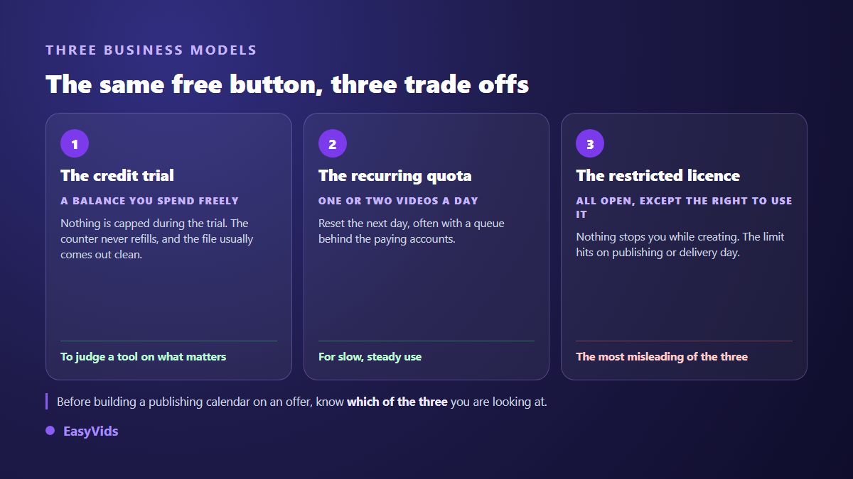 Three kinds of free AI video generator compared: credit based trial, recurring daily quota, open access with restricted licence