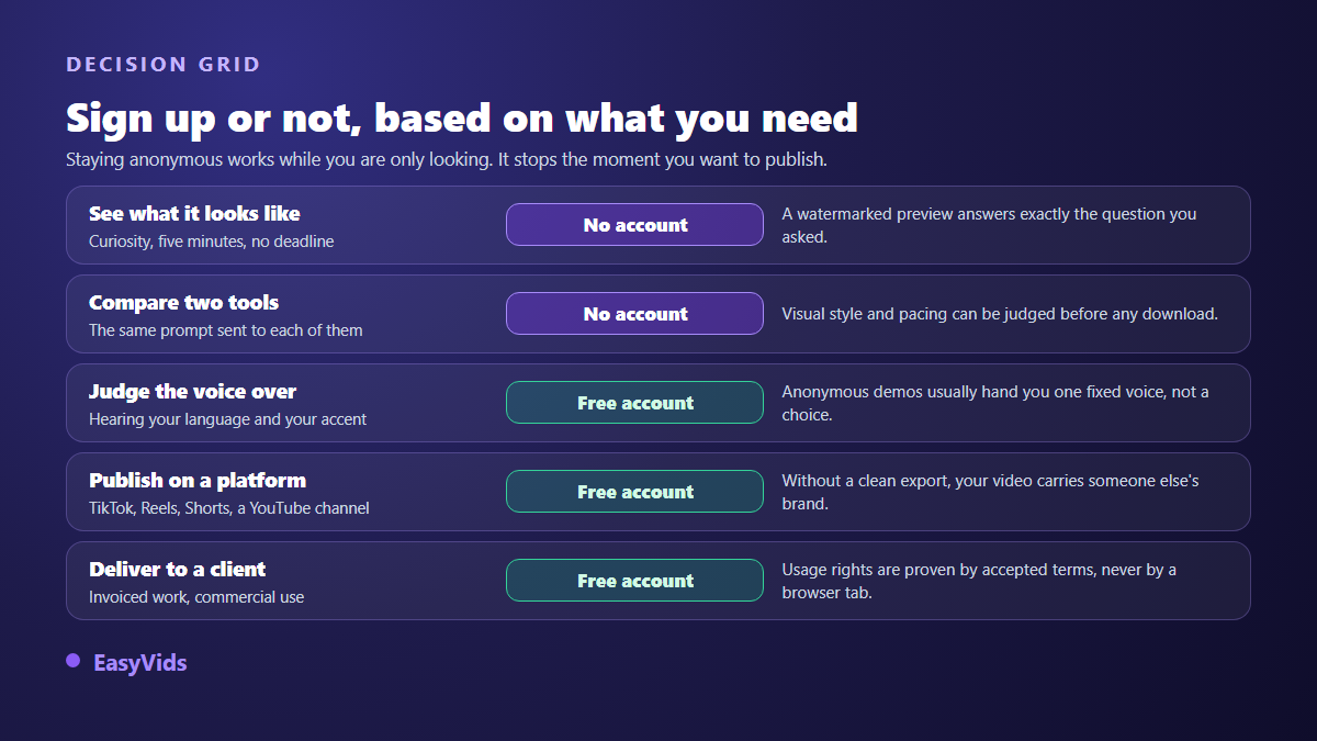 Decision grid between an anonymous test and a free account depending on the goal: curiosity, comparison, voice over, publishing, client work