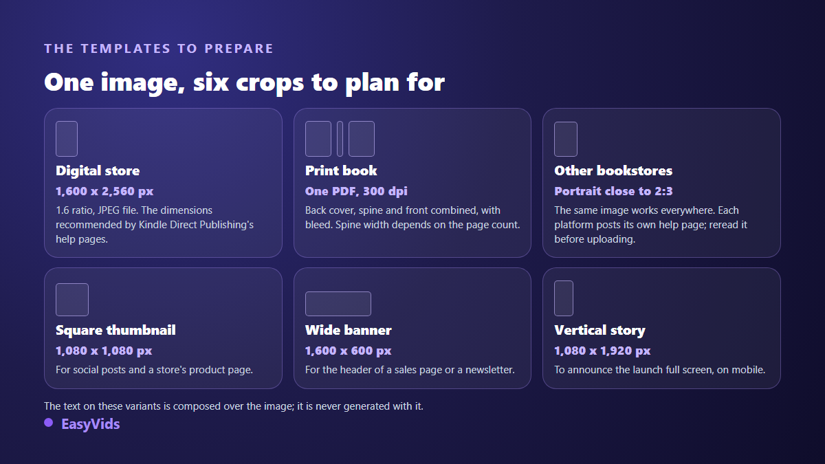Book cover templates: digital store, print book, other retailers, square thumbnail, wide banner and vertical story