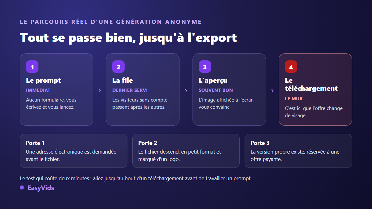 Parcours réel d'une génération d'image IA sans inscription : prompt, file d'attente, aperçu, puis le mur du téléchargement