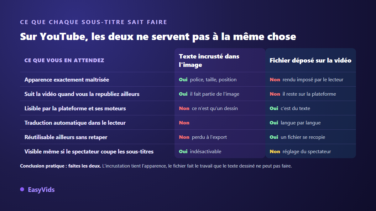 Comparaison entre un sous-titre incrusté dans l'image et un fichier de sous-titres déposé sur la vidéo : apparence, republication, lisibilité par la plateforme, traduction automatique