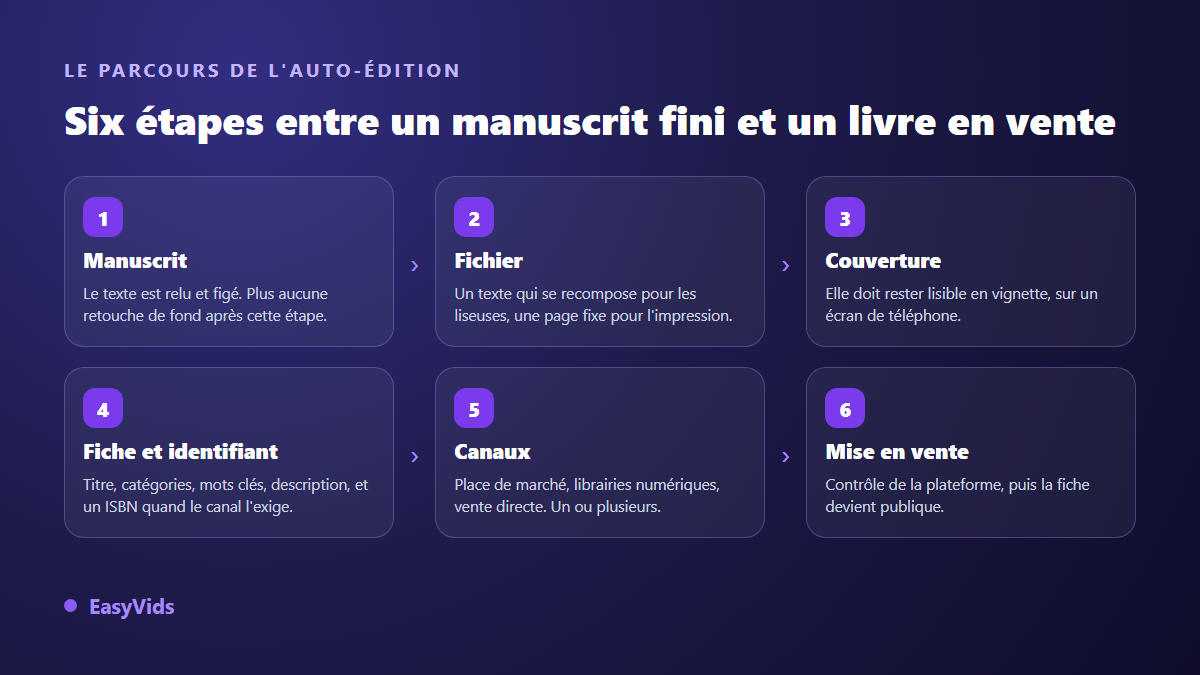 Les six étapes de l'auto-édition d'un livre : manuscrit, fichier, couverture, fiche et identifiant, canaux, mise en vente