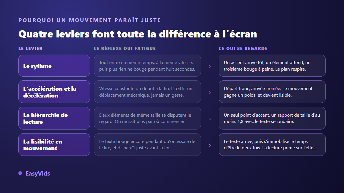 Quatre leviers du motion design : rythme, accélération et décélération, hiérarchie de lecture et lisibilité en mouvement