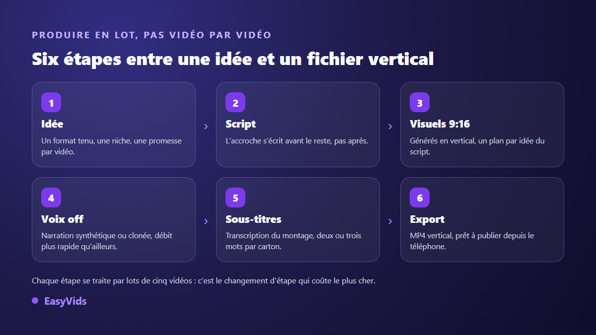 Chaîne de production d'une vidéo TikTok sans visage : idée, script, visuels 9:16, voix off, sous-titres, export MP4