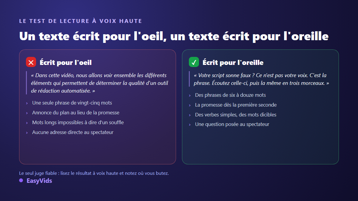 Comparaison d'un script IA écrit pour l'oeil et d'un script écrit pour l'oreille, avec les signes qui les distinguent