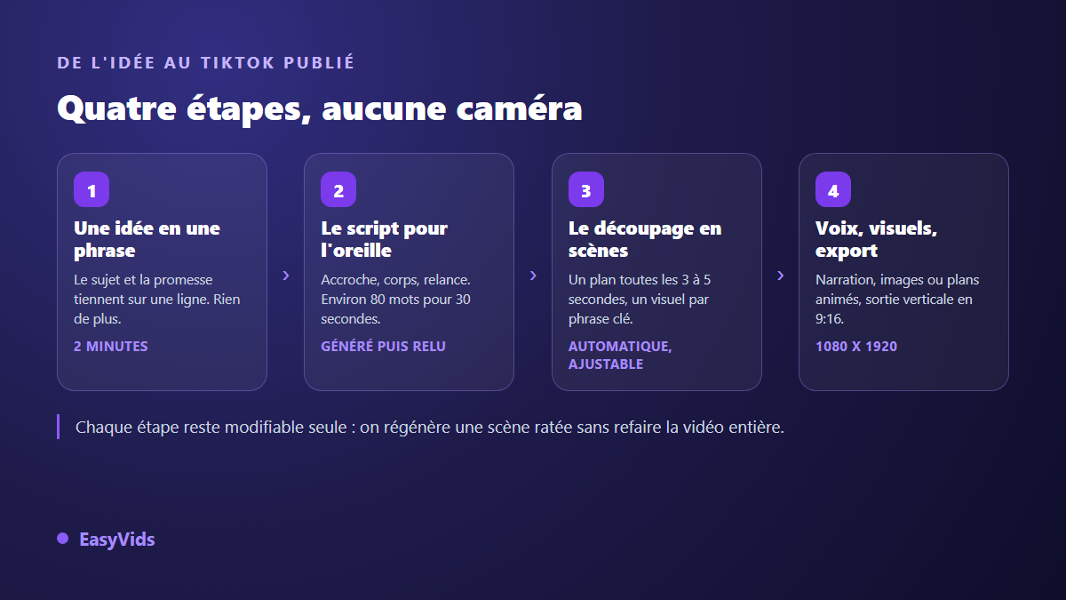 De l'idée au TikTok publié en quatre étapes : phrase de départ, script pour l'oreille, découpage en scènes, voix et export vertical