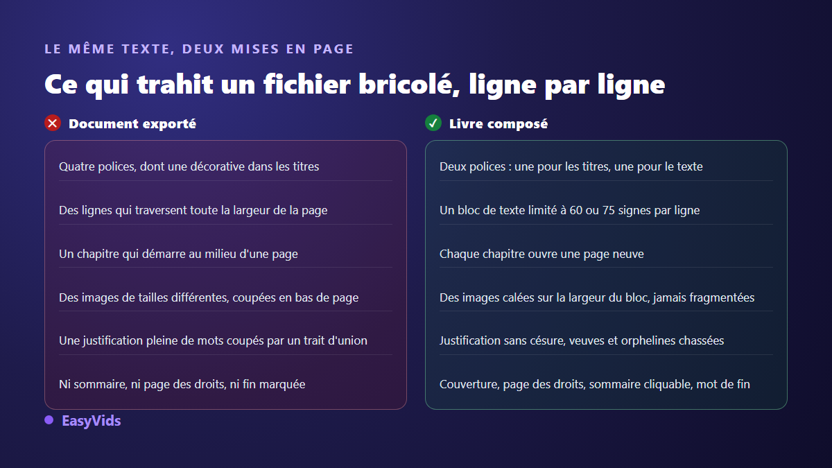 Comparaison entre un ebook exporté sans mise en page et un livre composé selon les règles typographiques