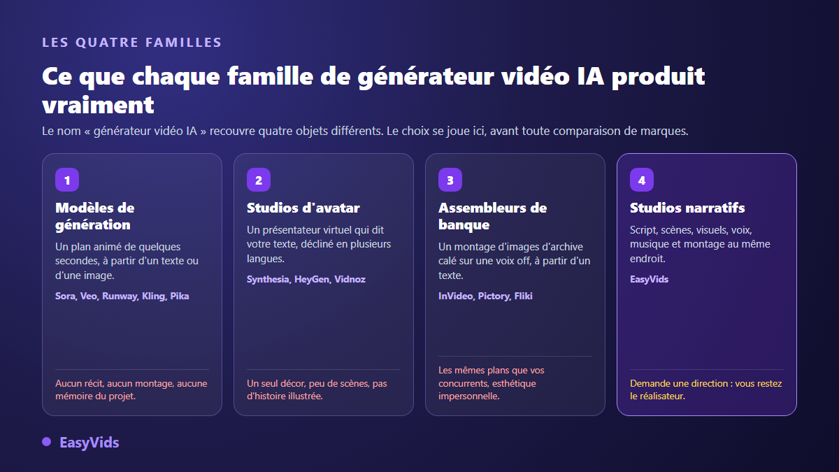 Les quatre familles de générateurs vidéo IA : modèles de génération, studios d'avatar, assembleurs de banque d'images et studios narratifs complets