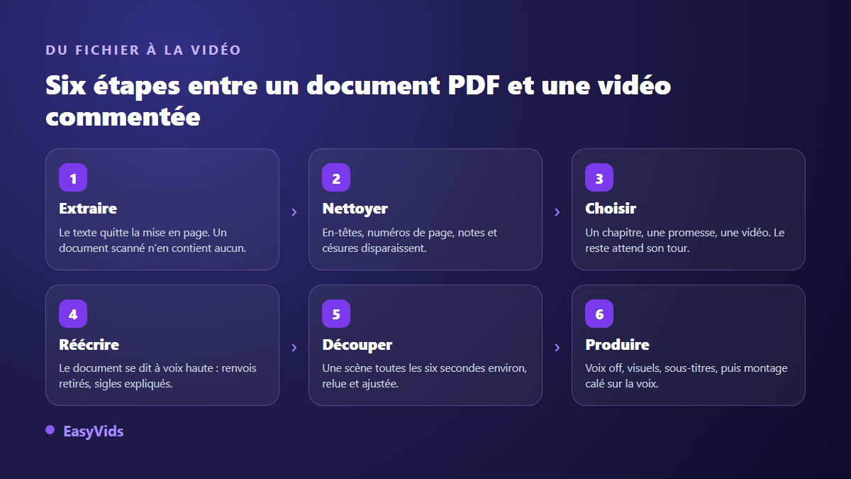 Les six étapes pour convertir un document PDF en vidéo commentée : extraire, nettoyer, choisir, réécrire, découper, produire