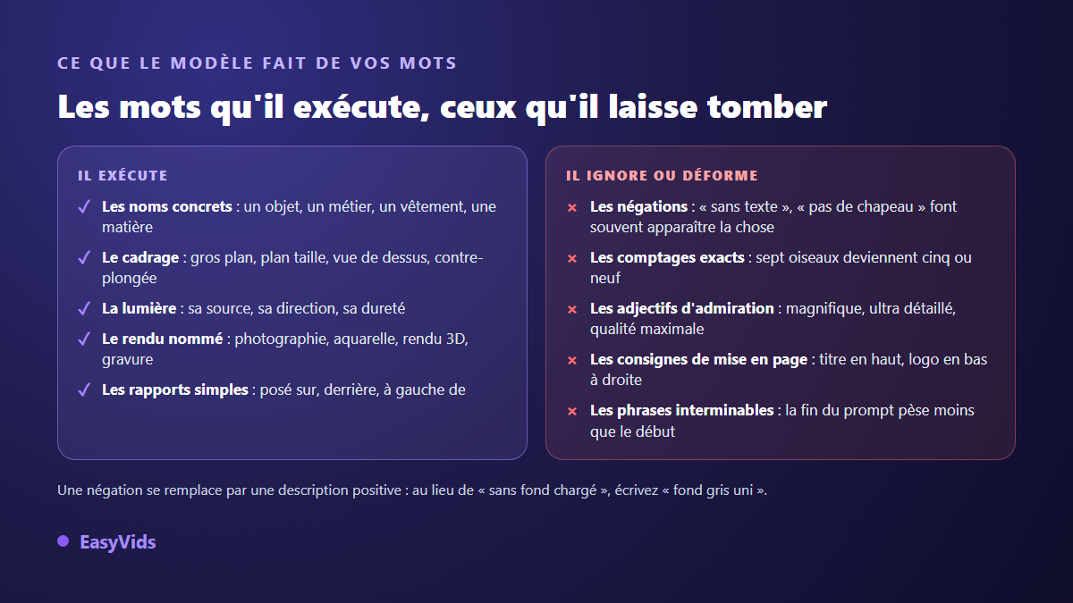 Les mots qu'un modèle texte en image exécute et ceux qu'il ignore, avec la règle de la négation