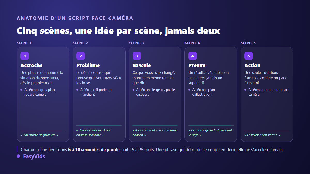 Structure d'un script de vidéo UGC face caméra en cinq scènes courtes de six à dix secondes