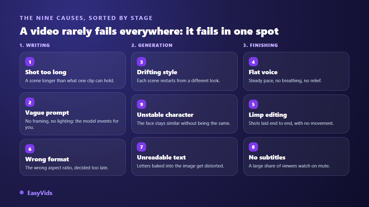 The nine causes of a bad AI video sorted by stage: writing, generation and finishing