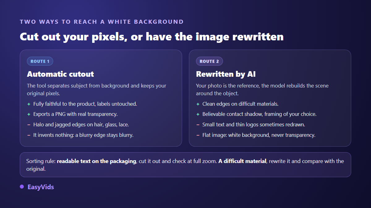 Automatic cutout compared with AI rewriting for putting a product photo on a white background