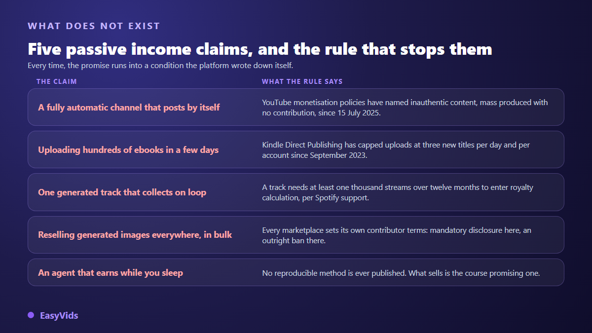 Five passive income with AI promises and the platform rule that stops each one