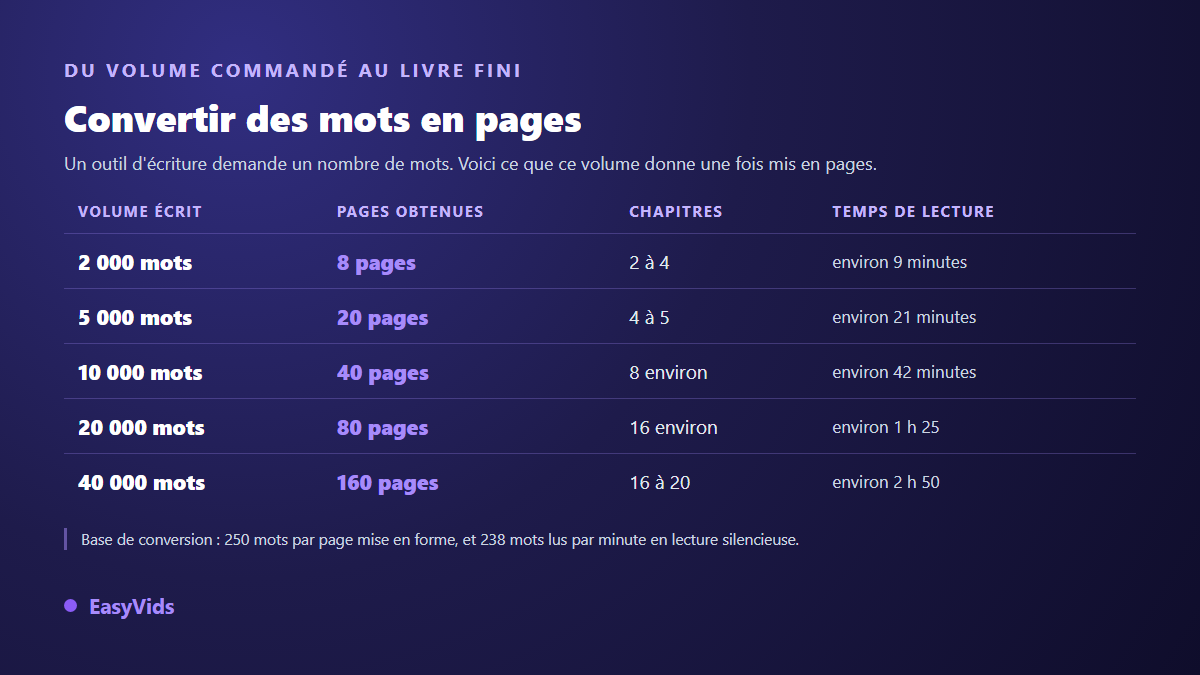 Table de conversion entre le nombre de mots d'un ebook, le nombre de pages obtenues, le nombre de chapitres et le temps de lecture