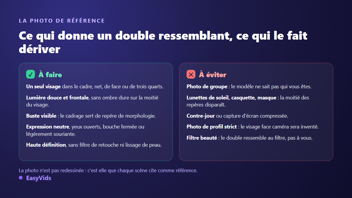 Comparaison des bonnes et mauvaises photos de référence pour créer un double IA ressemblant
