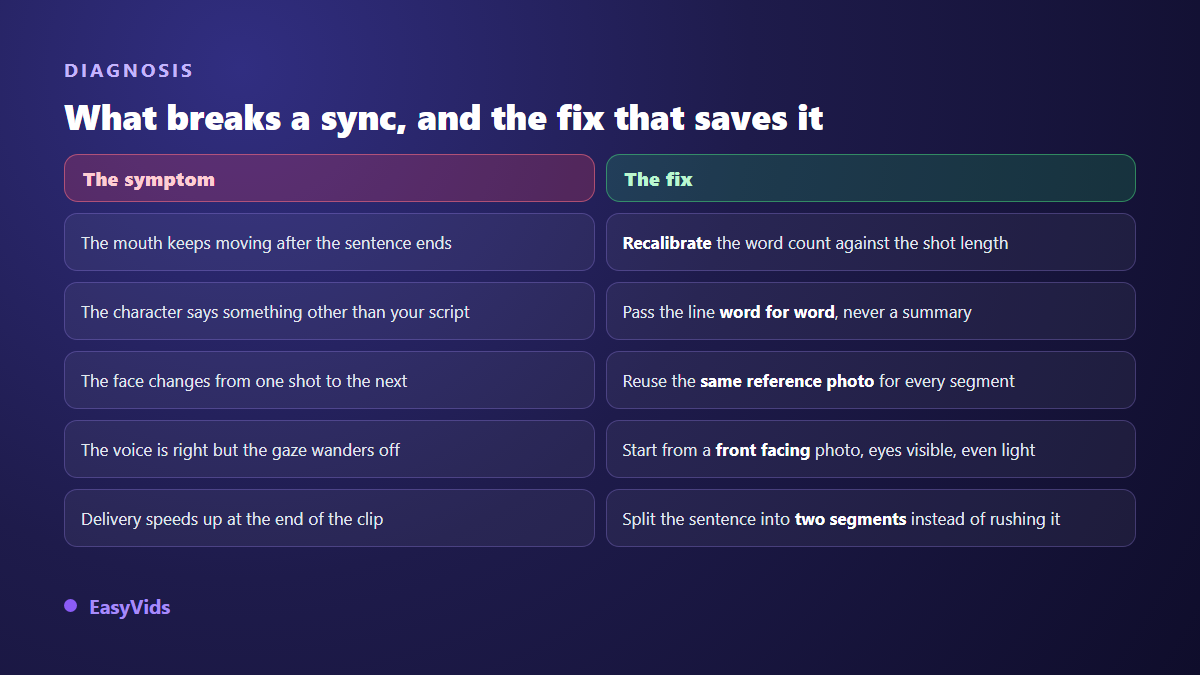 Five AI lip sync errors and their fixes: word calibration, exact line, stable reference photo