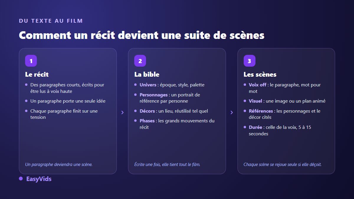 Du récit à la vidéo : les paragraphes deviennent des scènes grâce à une bible d'univers, de personnages, de décors et de phases