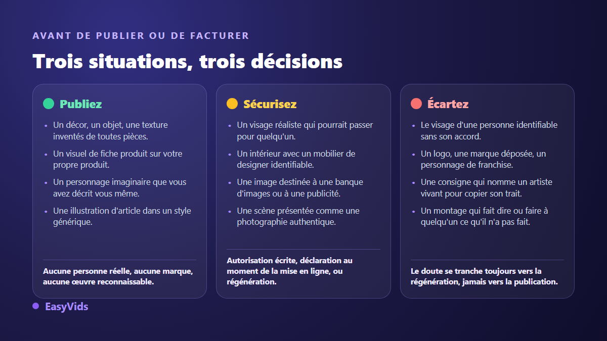 Grille de décision pour publier, sécuriser ou écarter une image générée par IA selon les droits en jeu
