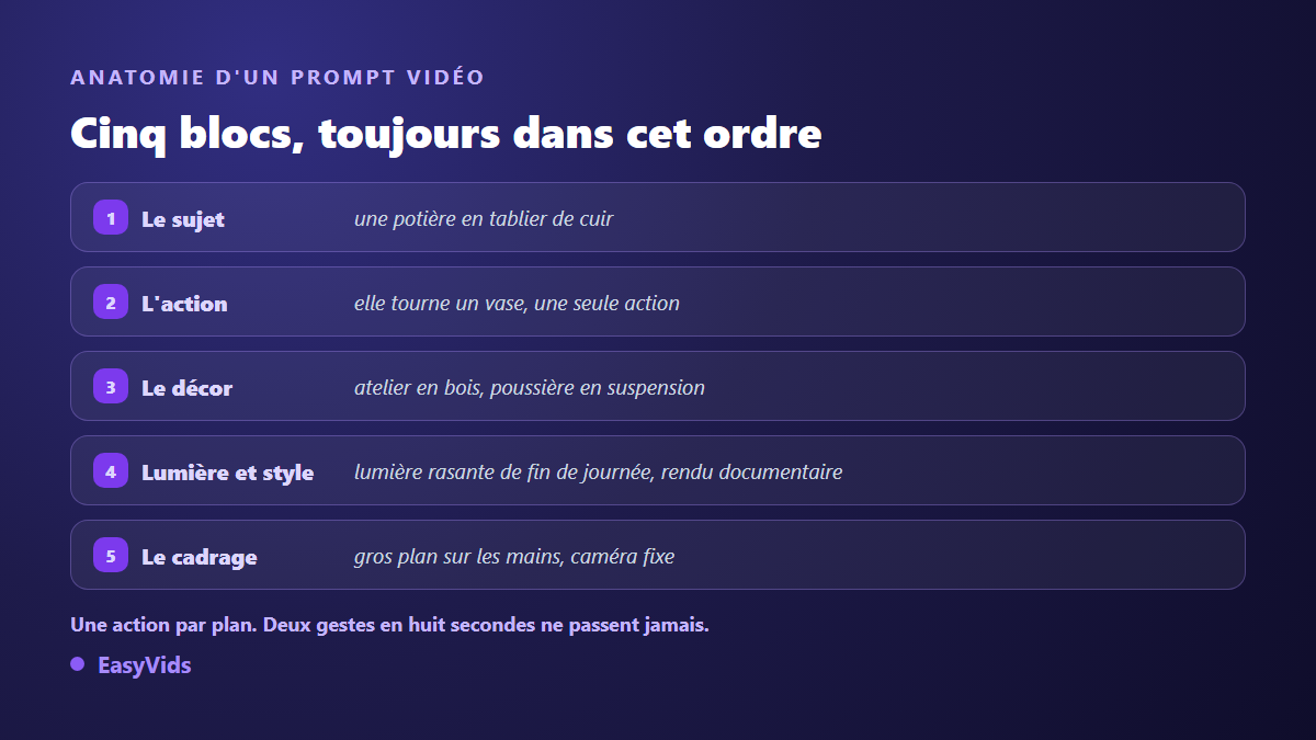 Anatomie d'un prompt vidéo IA en cinq blocs : le sujet, l'action, le décor, la lumière et le style, le cadrage