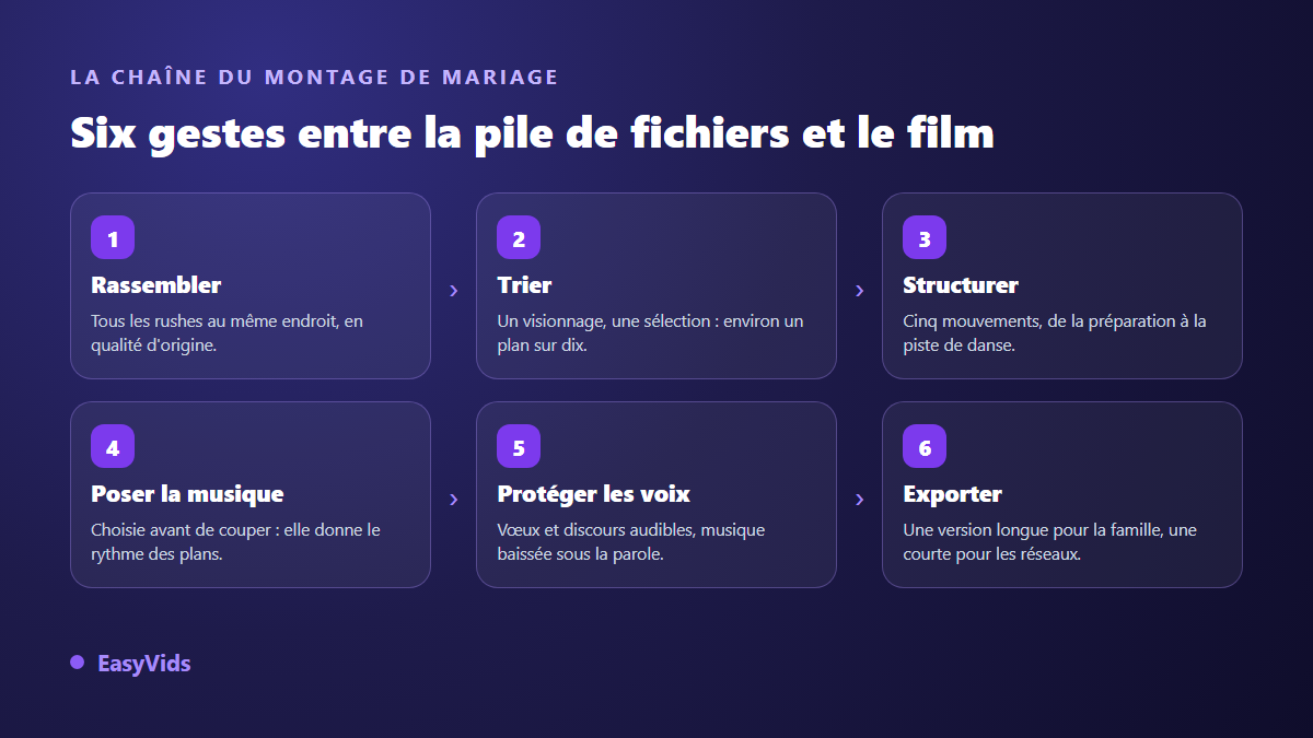 Les six étapes d'un montage vidéo de mariage : rassembler, trier, structurer, poser la musique, protéger les voix, exporter