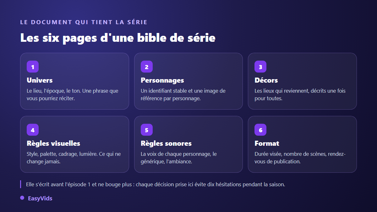 Anatomie d'une bible de série IA : univers, personnages récurrents, décors, règles visuelles, règles sonores et format d'épisode