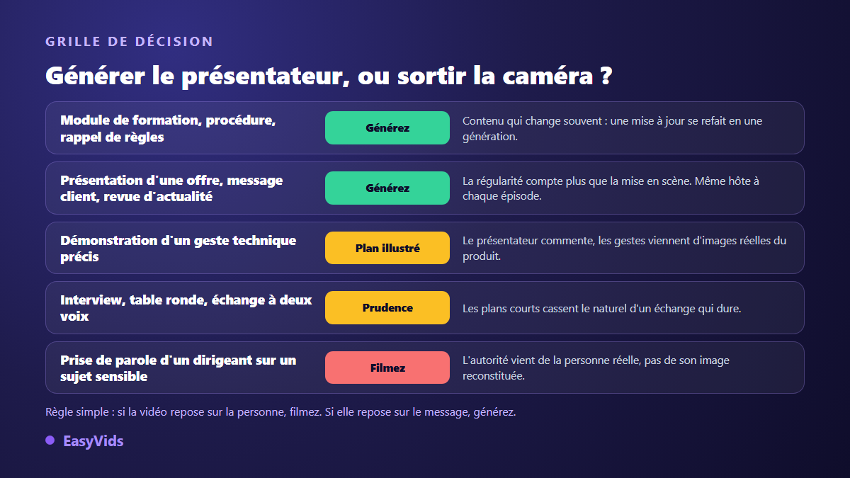 Grille de décision : quand utiliser un présentateur virtuel IA et quand filmer une personne réelle