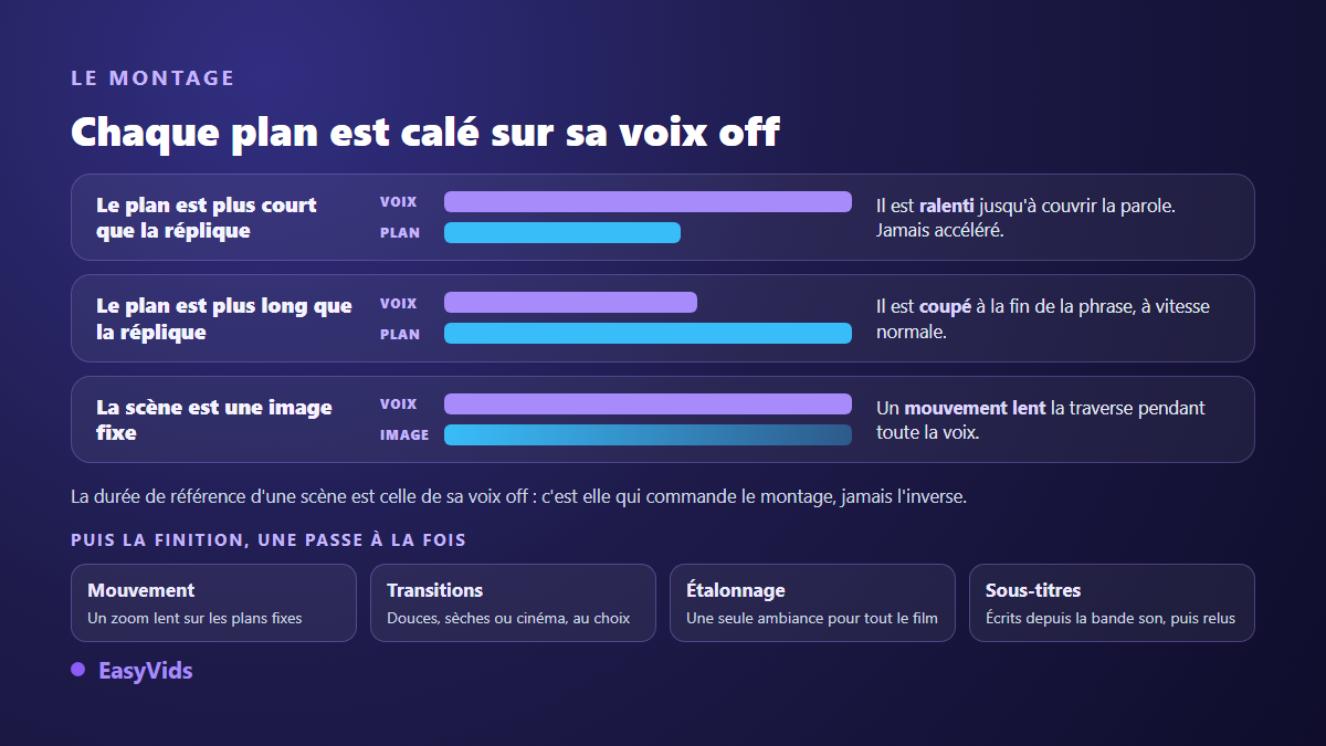 Comment le montage cale chaque plan de court métrage IA sur la durée de sa voix off