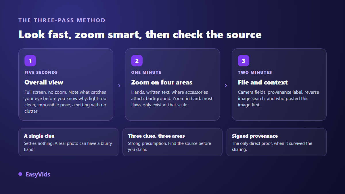 Three pass method to check whether an image is AI generated: overview, zoom on four zones, then file and context