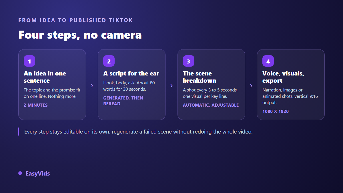 From idea to published TikTok in four steps: opening sentence, script for the ear, scene split, voice and vertical export